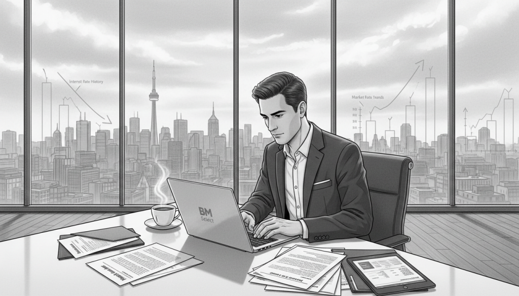 A detailed black and white illustration of the Canadian mortgage market landscape. In the foreground, depict a professional individual in business attire studying various mortgage options with a laptop and paperwork spread out on a sleek table. In the middle ground, incorporate elements such as a modern office setting with floor-to-ceiling windows showcasing a panoramic view of a Canadian city skyline. On the walls, subtle outlines of mortgage rate charts and graphs can be faintly visible, suggesting the complexities of mortgage rates. The background features a cloudy sky, creating a thoughtful, contemplative atmosphere. Use soft natural lighting that highlights the subjects, giving an inviting yet professional feel, mimicking the careful decision process of choosing between fixed or variable rates. Include the brand name "BM Select" subtly integrated into the environment.