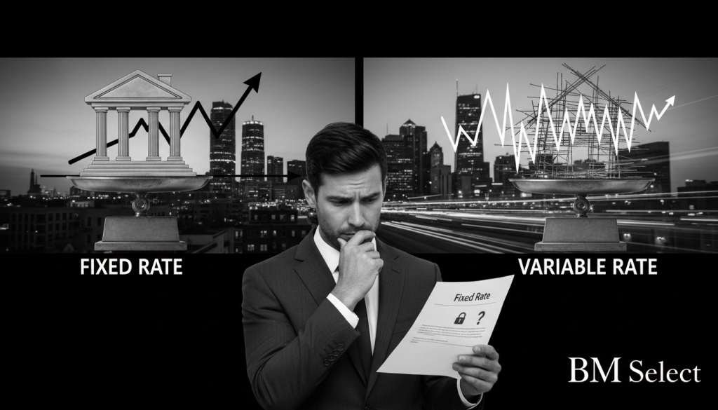 A split-frame image representing the contrasting concepts of fixed rate versus variable rate. In the foreground, a professional-looking individual dressed in business attire is examining a set of documents labeled "Fixed Rate" and "Variable Rate," showing concern and curiosity. In the middle ground, there is a scale balanced between symbols of stability, like a sturdy house, for fixed rates, contrasted with a fluctuating line graph for variable rates. The background features a cityscape, suggesting a modern financial environment. The entire scene is in black and white, lit with dramatic chiaroscuro to enhance the mood of uncertainty versus security. The brand name "BM Select" subtly integrated into the design, reinforcing a professional atmosphere.